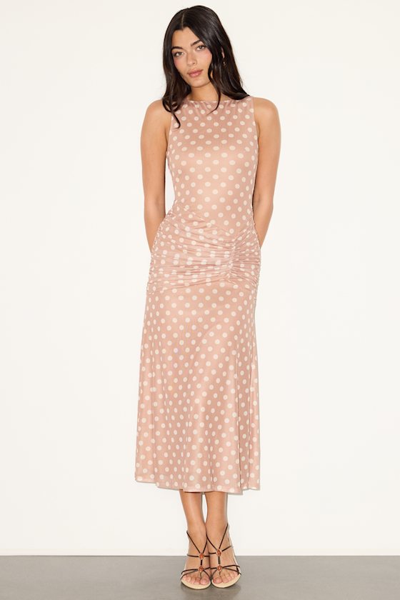 Loren Beige Polka Dot Mesh Ruched Midi Dress 1
