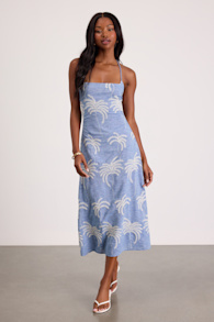 Destin Light Blue Embroidered Lace-Up Midi Dress 1