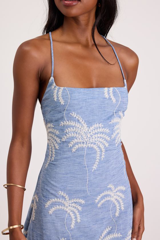 Destin Light Blue Embroidered Lace-Up Midi Dress 2