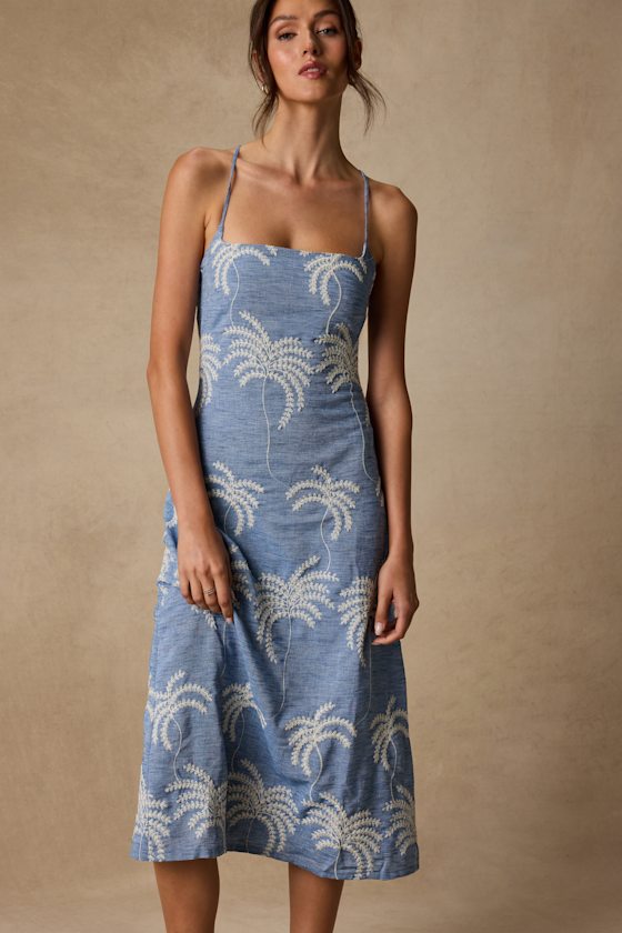 Destin Light Blue Embroidered Lace-Up Midi Dress 2