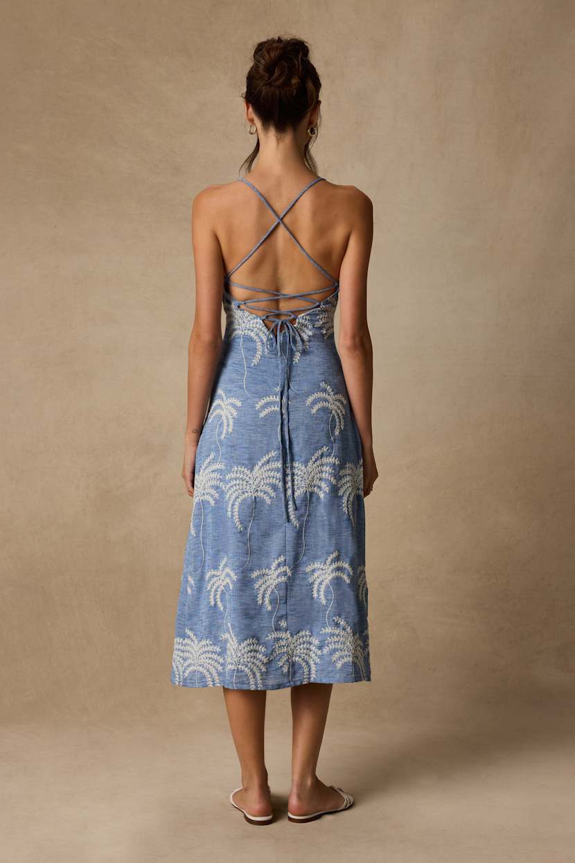 Lulus | Light Blue Embroidered Lace-Up Midi Dress | Womens | X-Large (Available in XS, S, M, L) | 100% Polyester