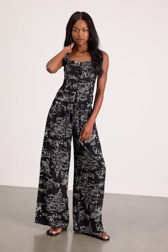 Ravia Black Print Wide-Leg Pants 1