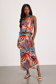 Blake Orange Multi Leaf Print Faux-Wrap Midi Skirt 1