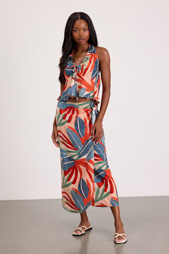 Blake Orange Multi Leaf Print Faux-Wrap Midi Skirt 1
