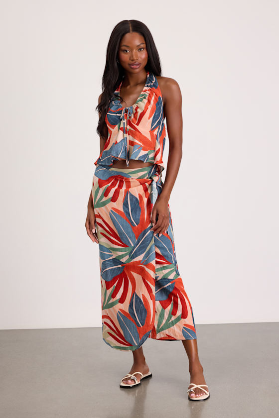 Blake Orange Multi Leaf Print Faux-Wrap Midi Skirt 1