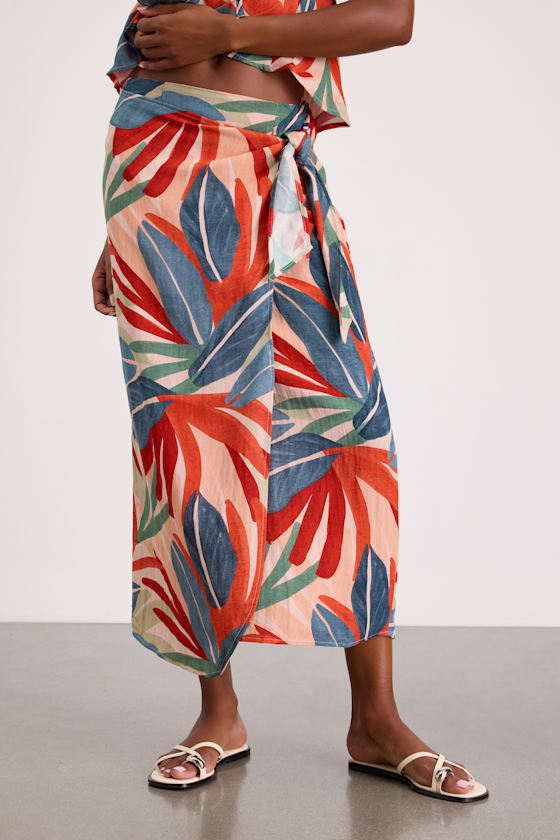 Blake Orange Multi Leaf Print Faux-Wrap Midi Skirt - thumbnail 2