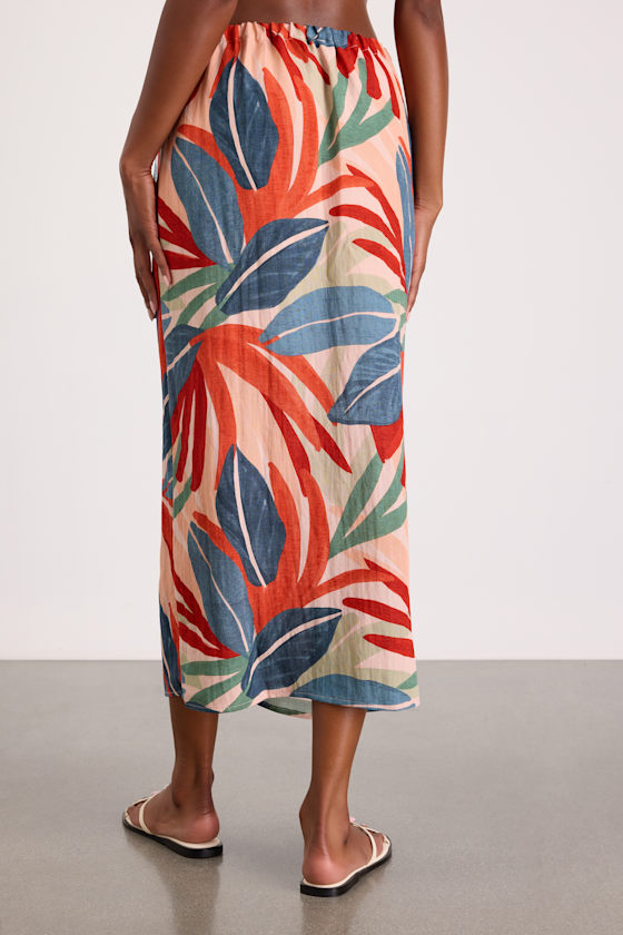 Blake Orange Multi Leaf Print Faux-Wrap Midi Skirt - thumbnail 3