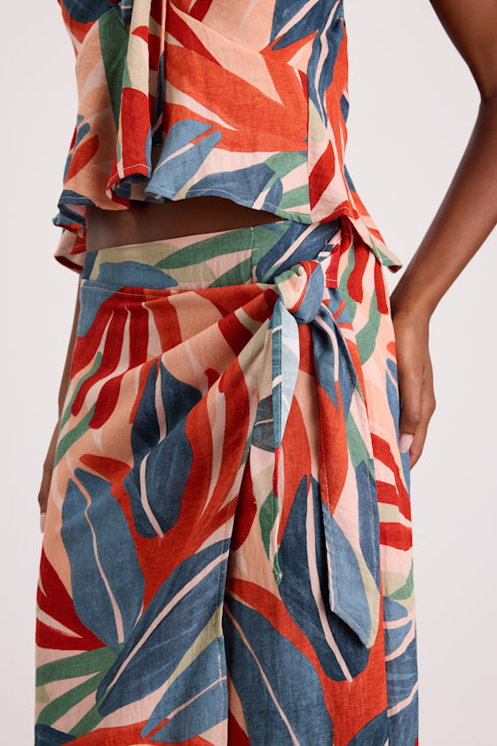 Blake Orange Multi Leaf Print Faux-Wrap Midi Skirt - thumbnail 4
