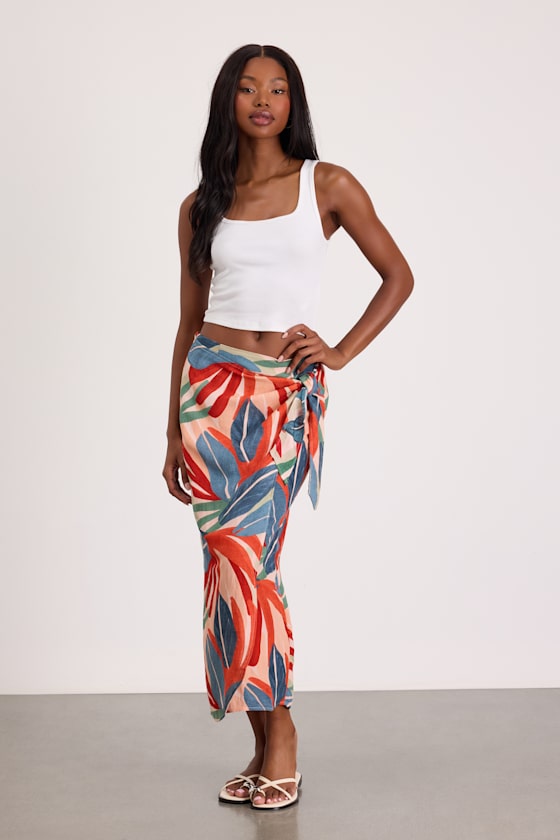 Blake Orange Multi Leaf Print Faux-Wrap Midi Skirt - thumbnail 5