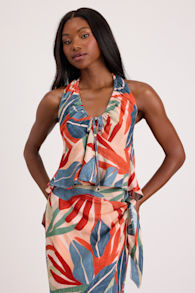 Blake Orange Multi Leaf Print Halter Tank Top 1