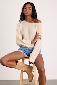 Jaylin Cream Boat Neck Pullover Sweater 1