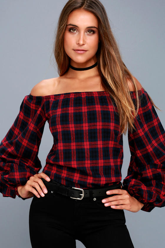 Tara Navy Blue and Red Plaid Flannel Off-the-Shoulder Top 3