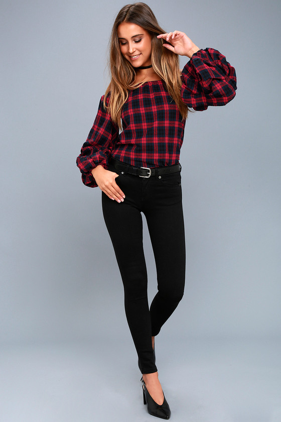 Tara Navy Blue and Red Plaid Flannel Off-the-Shoulder Top