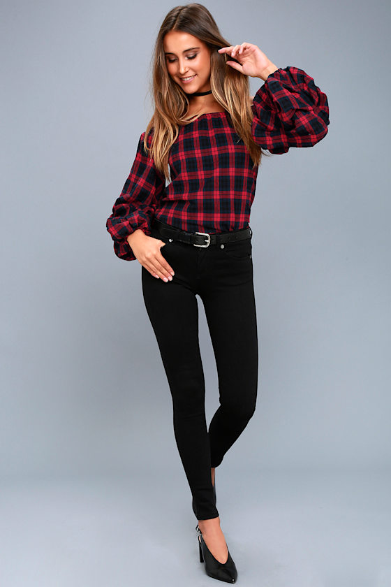 Tara Navy Blue and Red Plaid Flannel Off-the-Shoulder Top 2