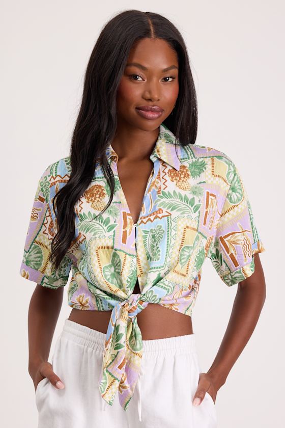 Multi Tropical Print Top - Tie-Front Top - Collared Button-Up Top