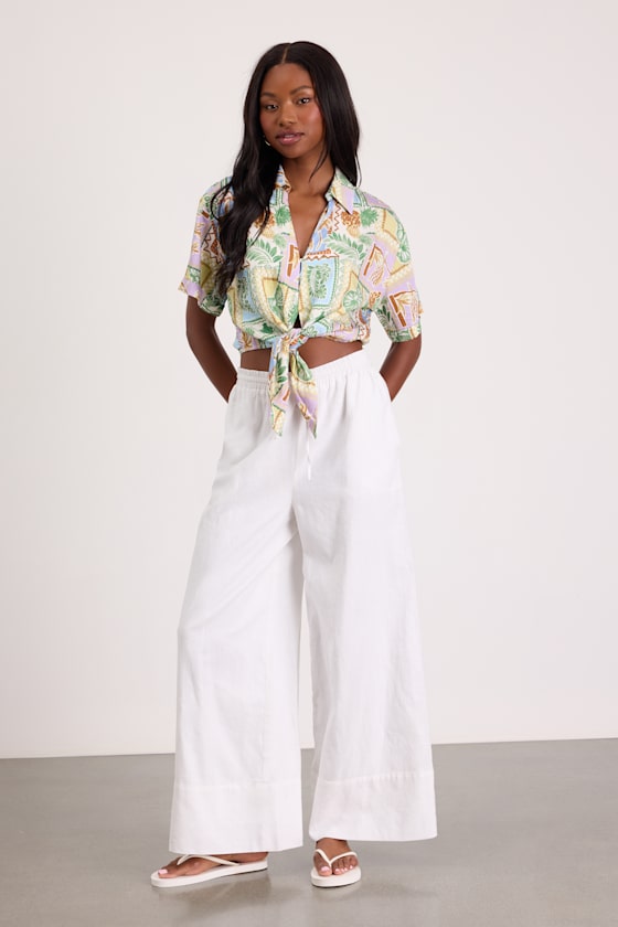 トップス aloha Multi Tropical Print Top - Tie-Front Top - Collared Button-Up Top