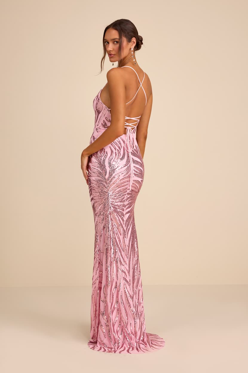 Shiny Pink Sequin Gown - Mermaid Maxi Dress - Lace-Up Maxi Dress - Lulus