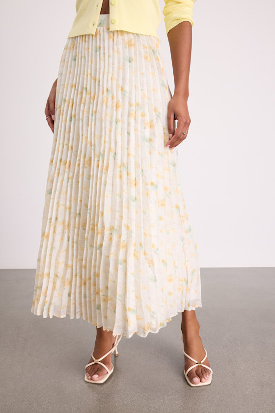 Ivory Floral Skirt - Pleated Skirt - Chiffon Midi Skirt - Skirt - Image 2