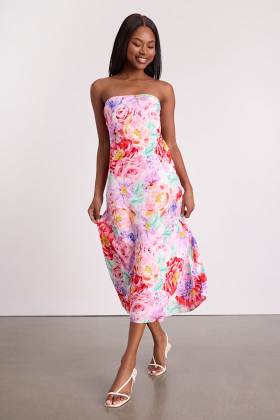 White Multi Floral Dress - Cowl Back Dress - Strapless Midi Dress