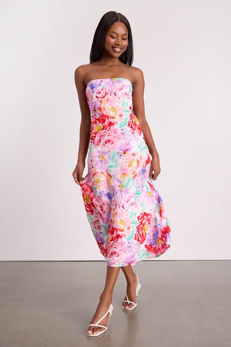 Lulus | White Multi Floral Satin Cowl Back Midi Dress | Womens | Medium (Available in XS, S, L, XL) | 100% Rayon Lulus | White Multi Floral Satin Cowl Back Midi Dress | Womens | Medium (Available in XS, S, L, XL) | 100% Rayon