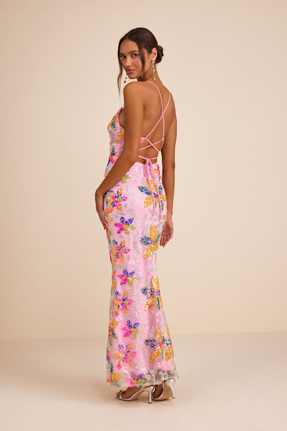 Image of Zaylee Light Pink Sequin Lace-Up Mermaid Maxi Dress