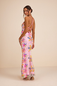 Zaylee Light Pink Sequin Lace-Up Mermaid Maxi Dress 1