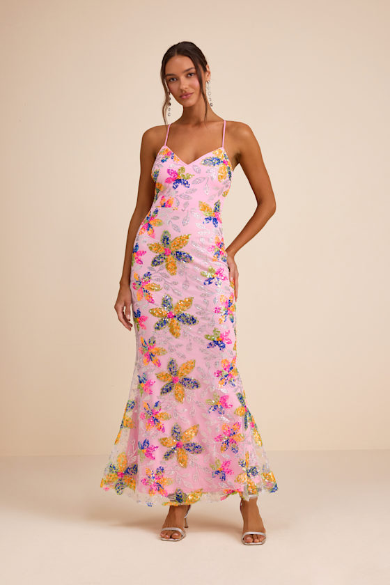 Zaylee Light Pink Sequin Lace-Up Mermaid Maxi Dress 2