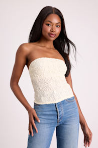 Bellona Cream Jacquard Knit Strapless Crop Top 1