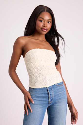 Bellona Cream Jacquard Knit Strapless Crop Top 1