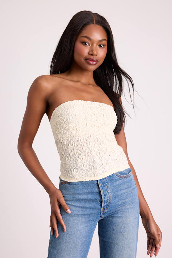 Bellona Cream Jacquard Knit Strapless Crop Top 1