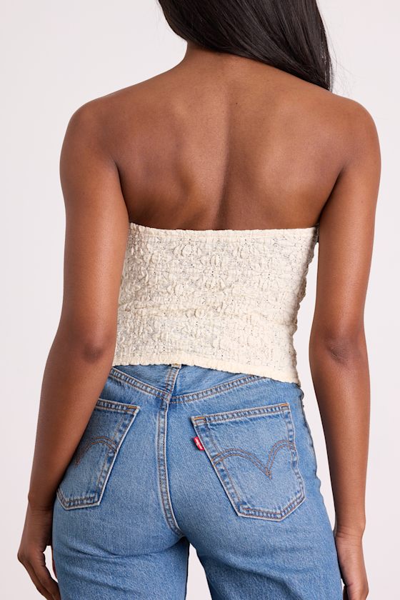 Bellona Cream Jacquard Knit Strapless Crop Top 2
