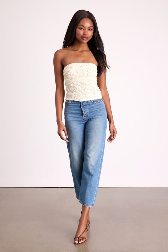 Cream Jacquard Knit Top - Strapless Knit Top - Jacquard Crop Top