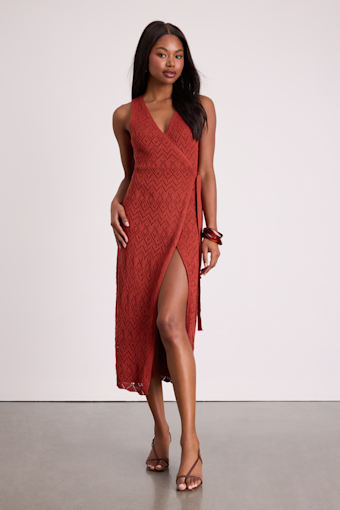 Livia Rust Red Pointelle Knit Wrap Midi Dress 1