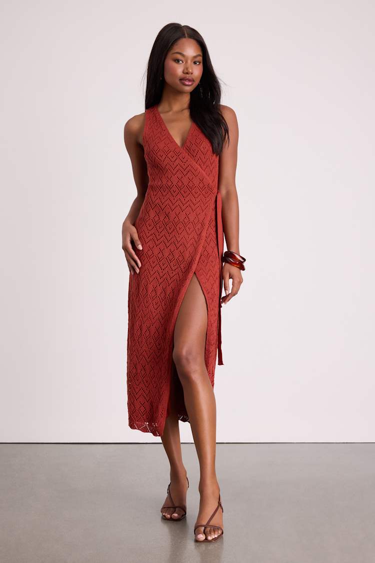 red knit wrap dress Knit Midi Wrap Dress