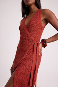 Livia Rust Red Pointelle Knit Wrap Midi Dress 2