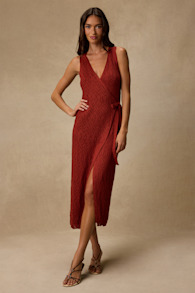 Livia Rust Red Pointelle Knit Wrap Midi Dress 2