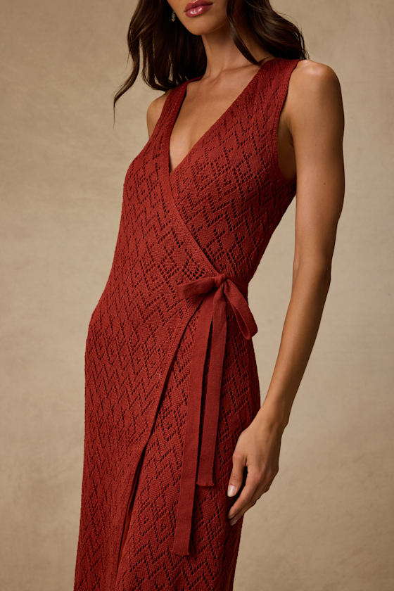 Livia Rust Red Pointelle Knit Wrap Midi Dress 3