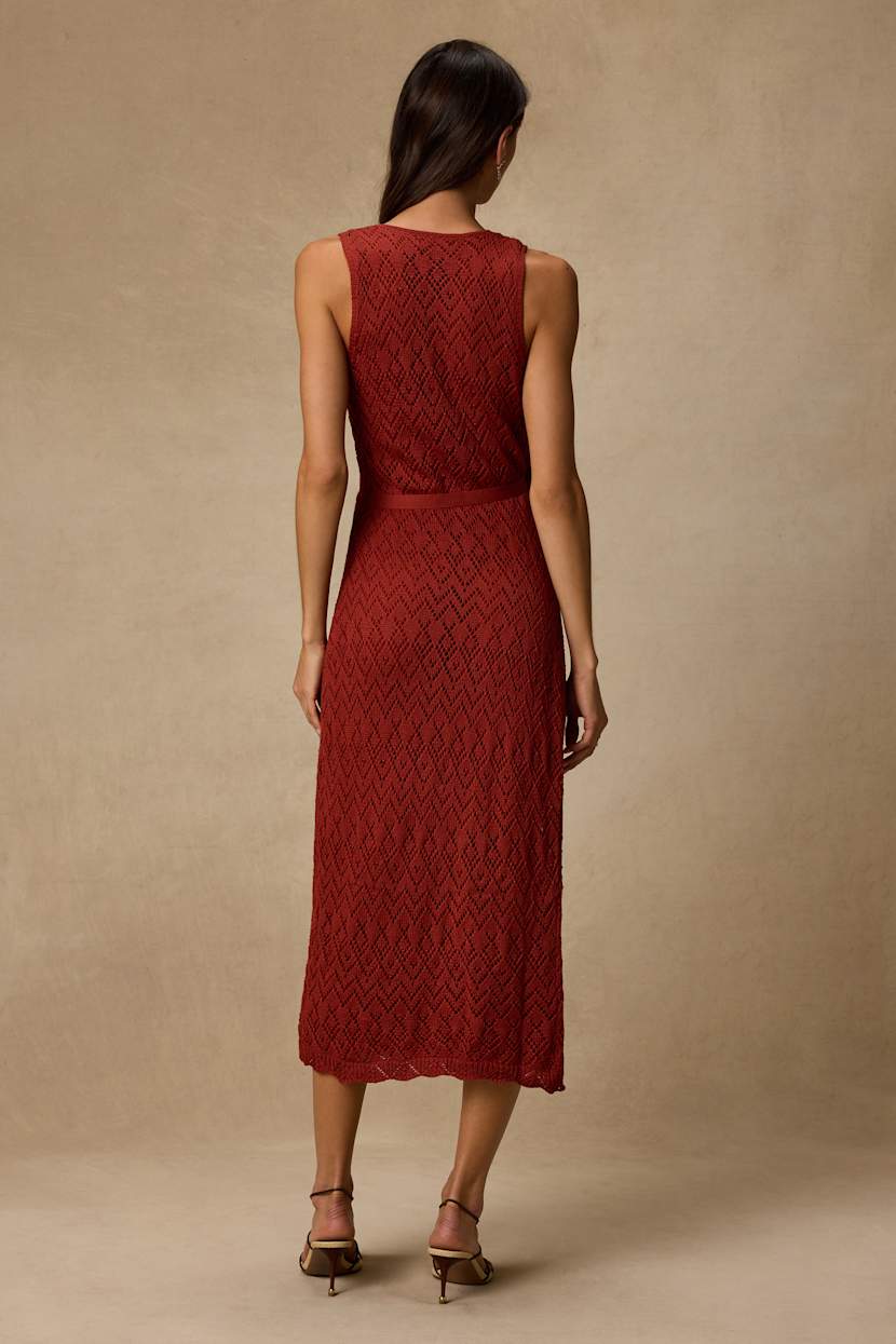 red knit wrap dress Rust Pointelle - Midi Dress - Knit Midi Dress Iconic Weill Paris dresses with buttons