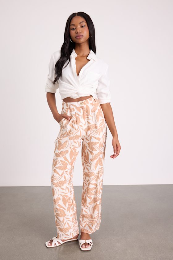 Image of Dominica Ivory and Tan Tropical Print Wide-Leg Pants