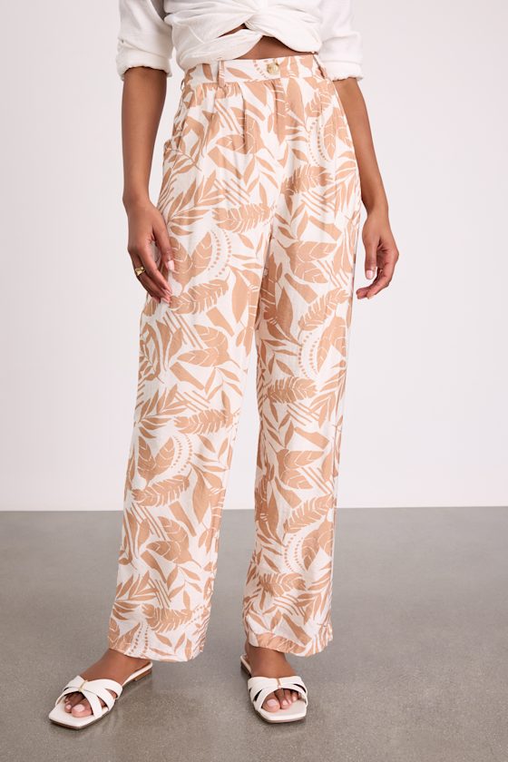 Dominica Ivory and Tan Tropical Print Wide-Leg Pants 2