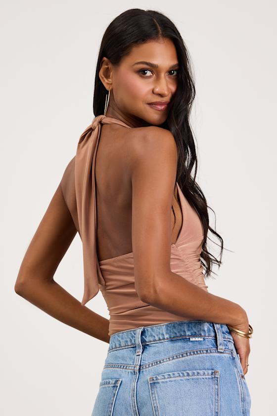 Astrid Light Brown Slinky Knit Halter Bodysuit 2