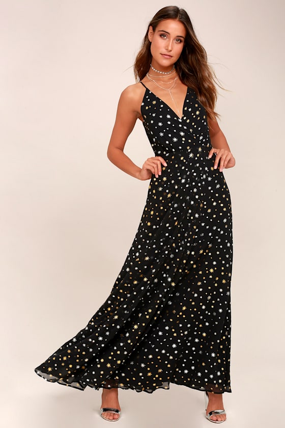 Galactic Goddess Black Star Print Sleeveless Maxi Dress 1