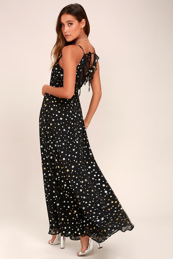 Galactic Goddess Black Star Print Sleeveless Maxi Dress 2