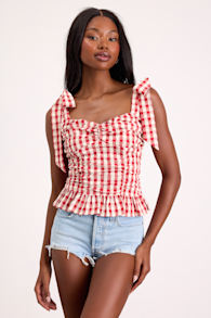 Lobelia Red Gingham Ruched Tie-Strap Top 1