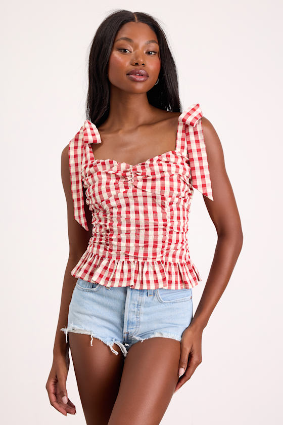 Lobelia Red Gingham Ruched Tie-Strap Top 1
