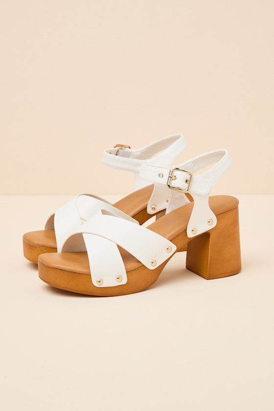 Yanni White Wooden Platform Ankle Strap Sandals - thumbnail 6
