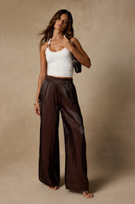 Cynthia Dark Brown Satin Wide-Leg Pants 1