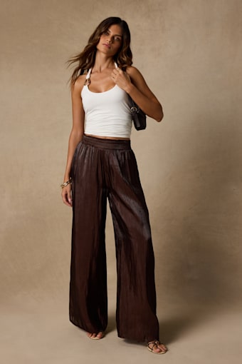 Cynthia Dark Brown Satin Wide-Leg Pants 1