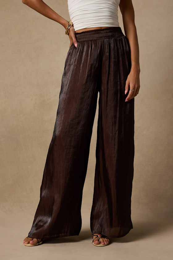 Cynthia Dark Brown Satin Wide-Leg Pants - thumbnail 4