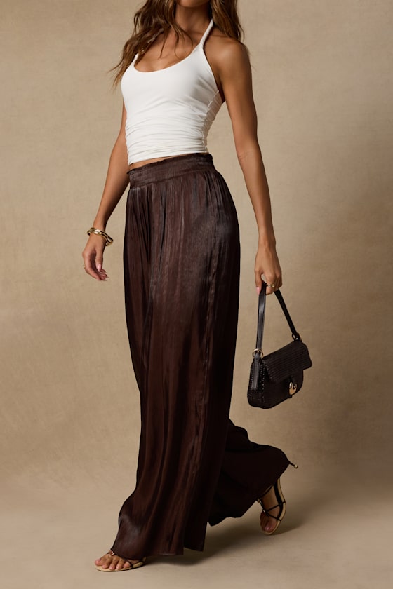 Cynthia Dark Brown Satin Wide-Leg Pants 6